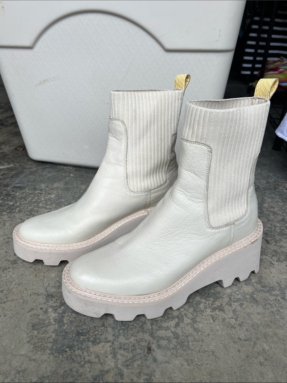 Dolce Vita Cream Platform Chelsea Booties with Yellow Pull Tabs